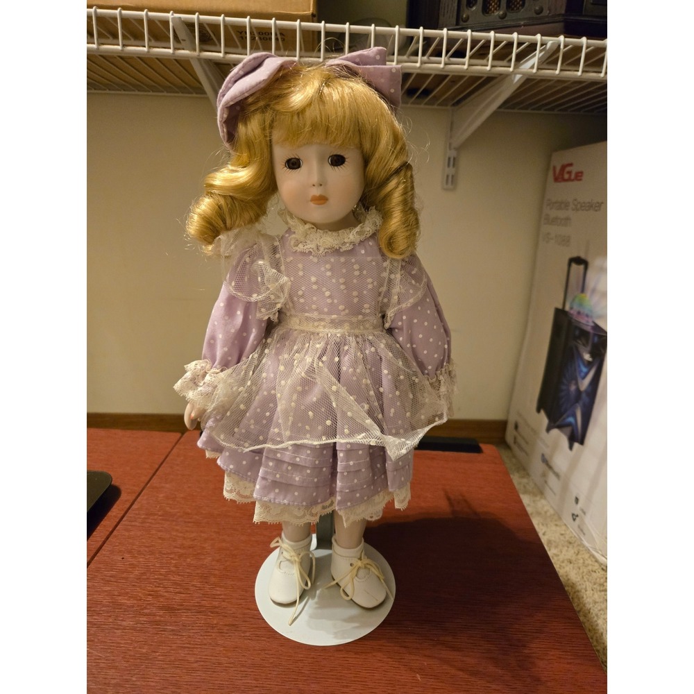 Vintage Porcelain Doll Lavender Polka Dot Dress Blonde Ringlets Lace Trim Stand